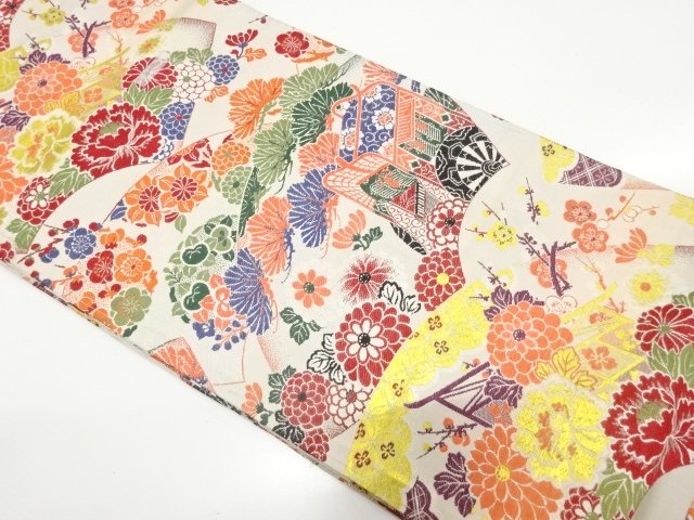 JAPANESE KIMONO / ANTIQUE GOSHOGURUMA / GRASS / FLOWER PATTERNS WOVEN